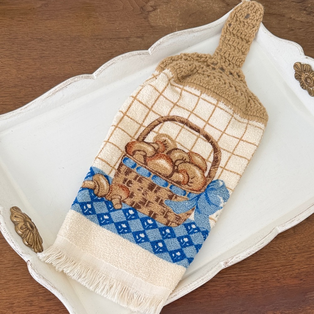 Crochet Top Mushroom Kitchen Towel with Fringe